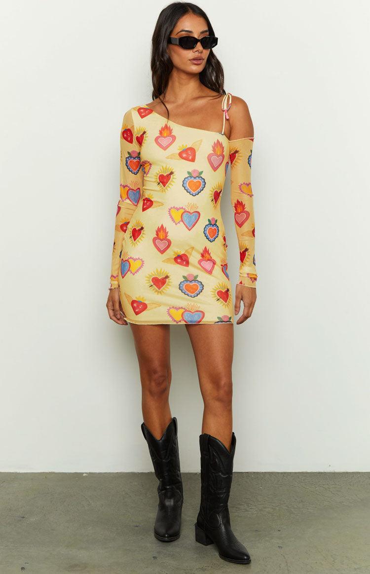 Wild At Heart Yellow Printed Mesh Long Sleeve Mini Dress Product Image