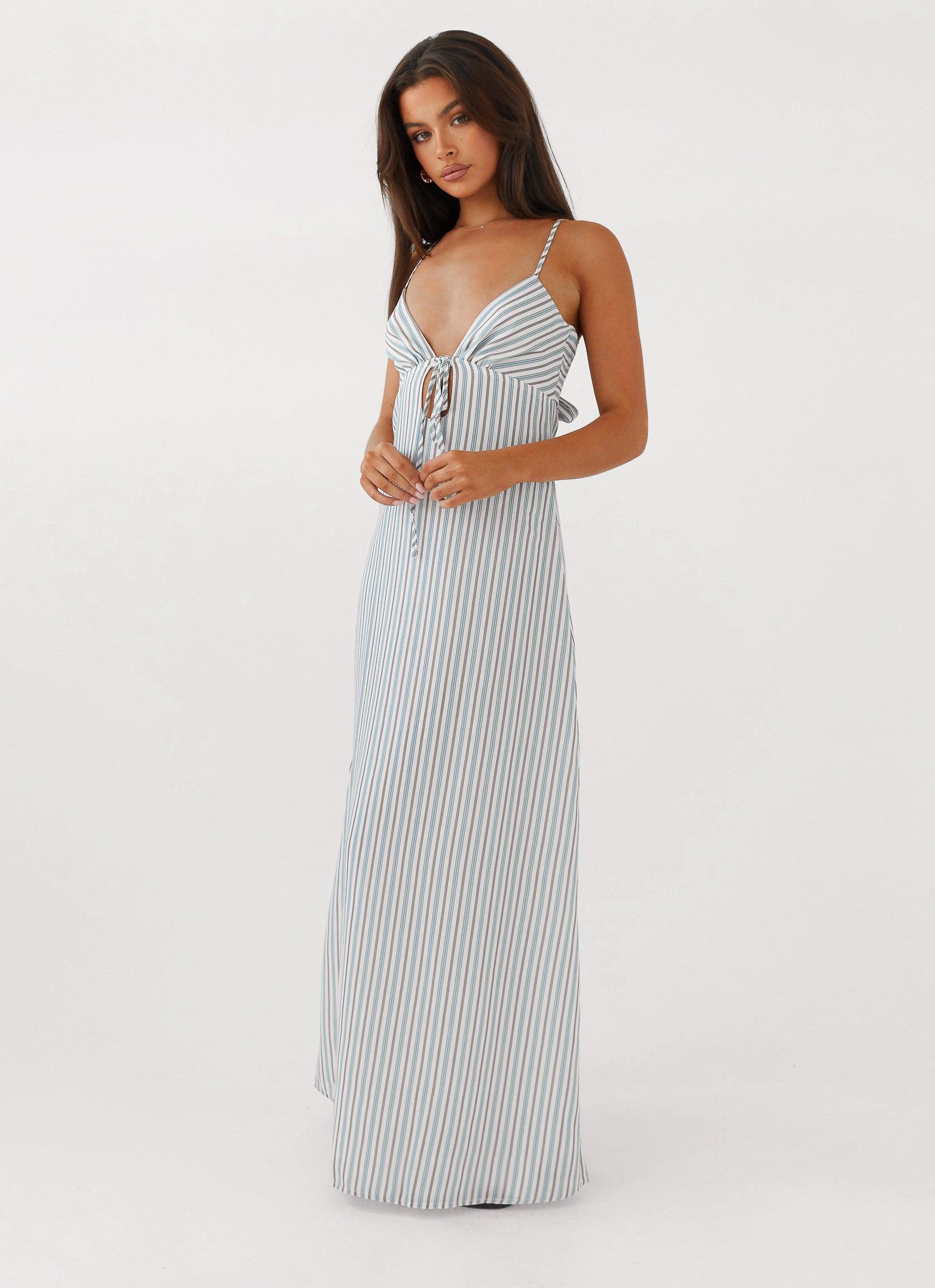 Flora Linen Maxi Dress - Blue Choc Stripe Product Image