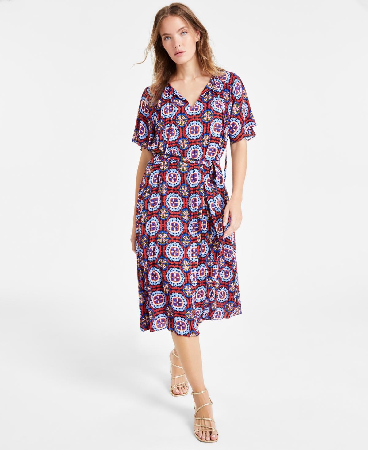 T Tahari Womens Printed Tie-Neck Pleated Midi Dress Product Image