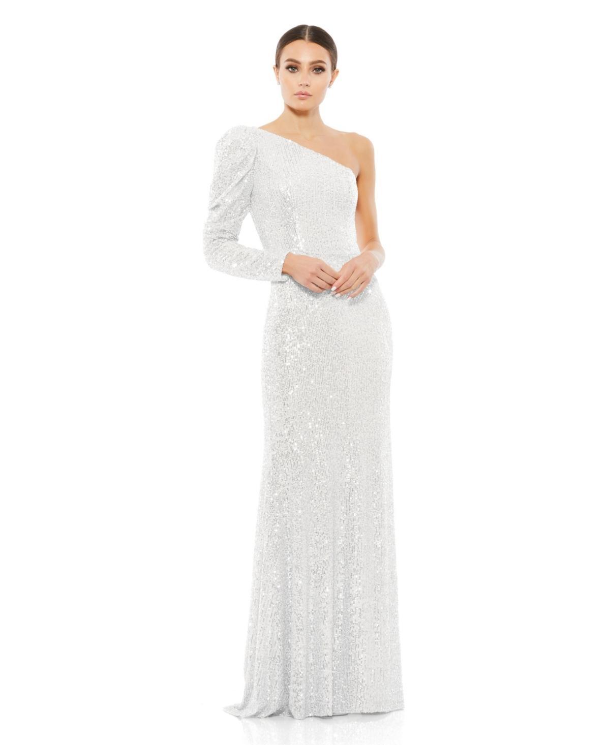 Mac Duggal One-Shoulder Long Sleeve Sequin Trumpet Gown Product Image