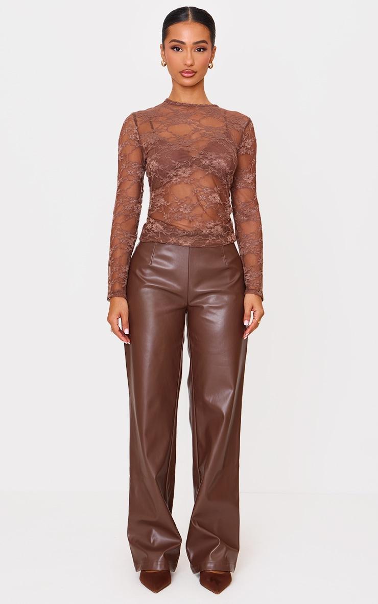 Petite Brown Long Sleeve Lace Top Product Image