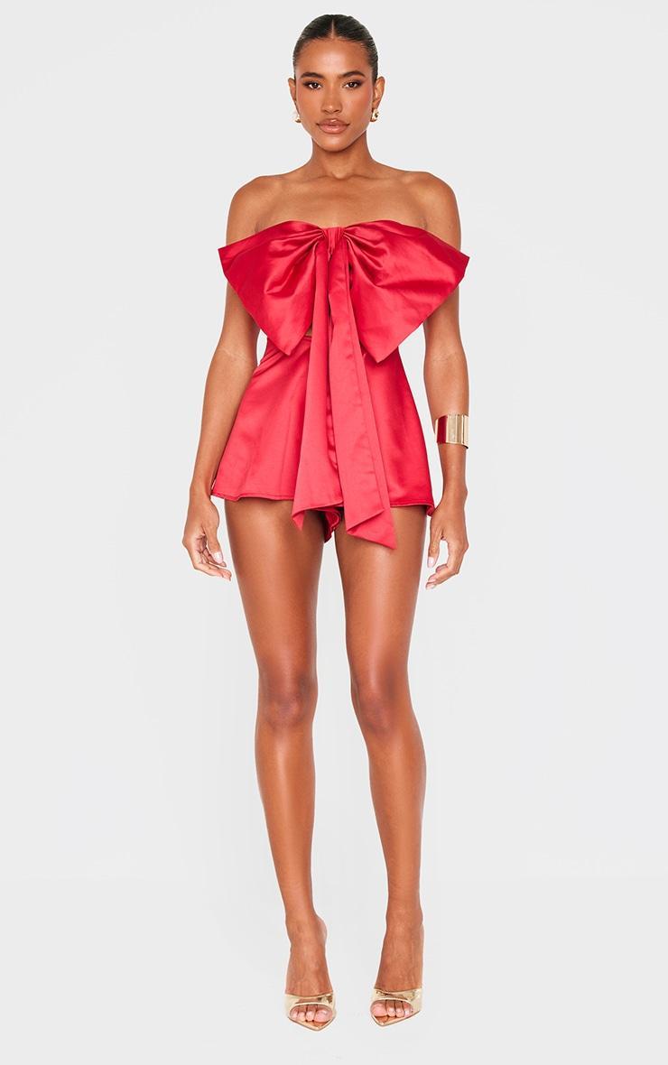 Red Satin Oversized Bow Bandeau Romper Product Image