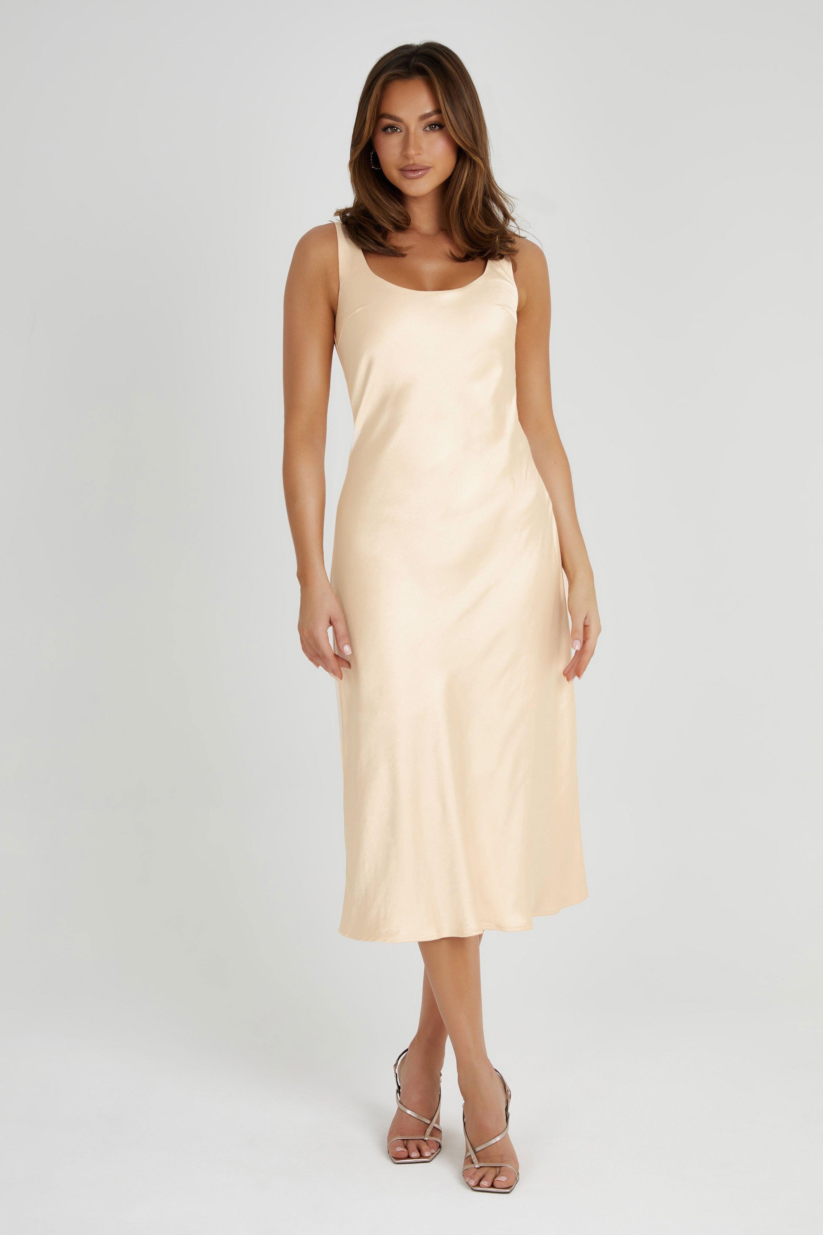 Tamara Satin Iridescent Slip Midi Dress - Apricot Product Image