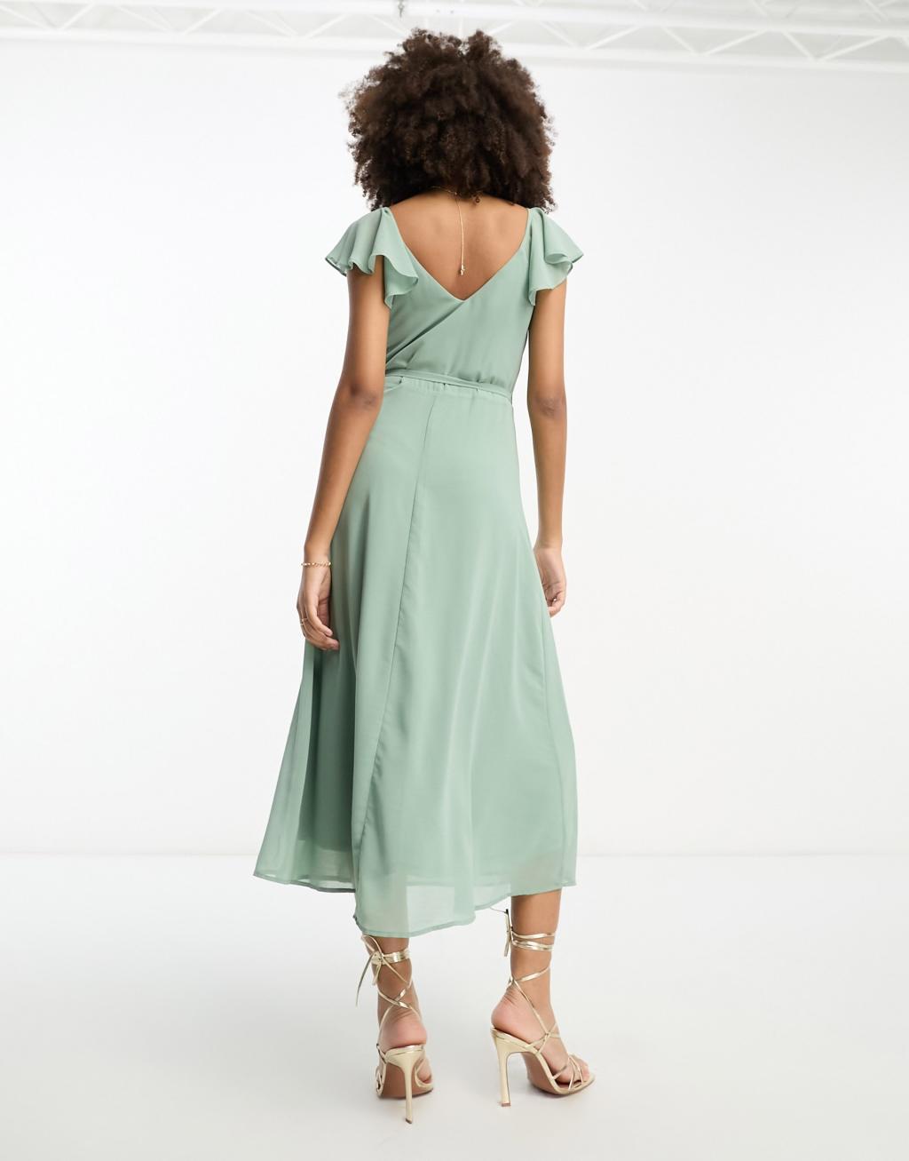 Vila Bridesmaid wrap full skirt maxi dress with flutter sleeves in green Product Image