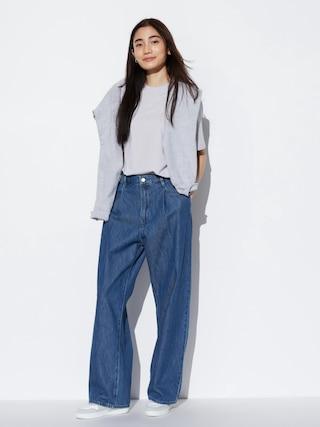 Womens Drapey Denim Pleated Pants Blue Large UNIQLO US Product Image