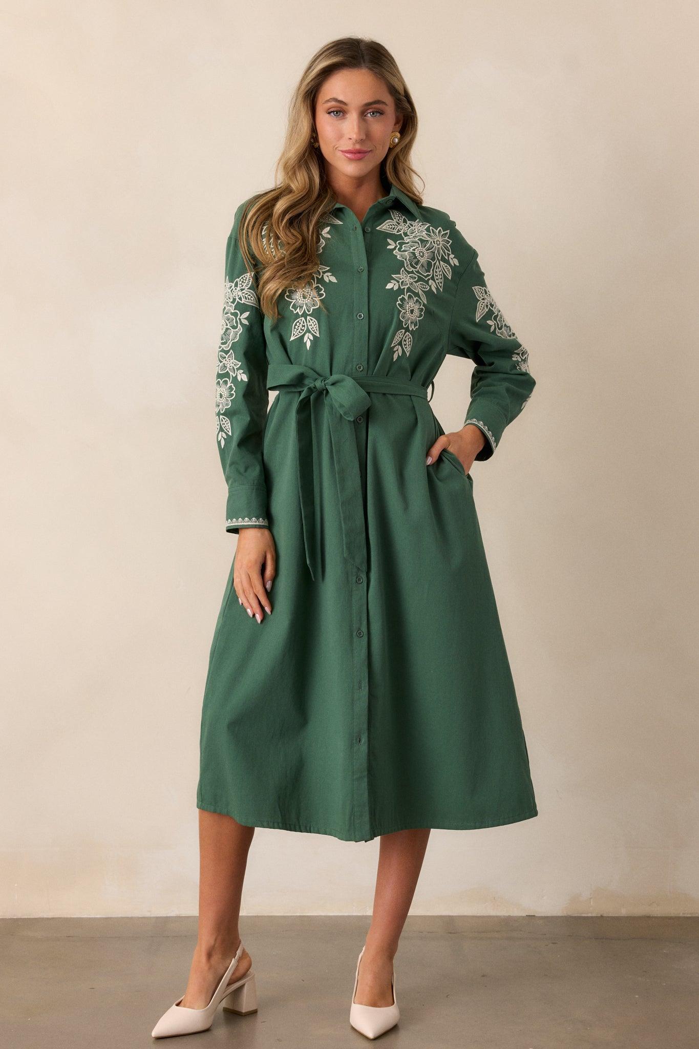 Leaves Of Tomorrow Cotton Forest Green Long Sleeve Midi Dress Product Image