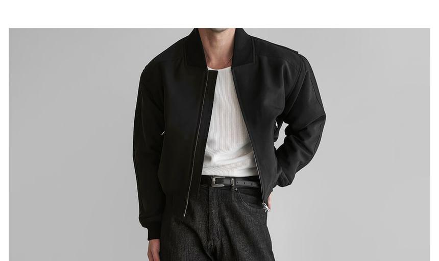 Collared Plain Zip Cropped Bomber Jacket Product Image