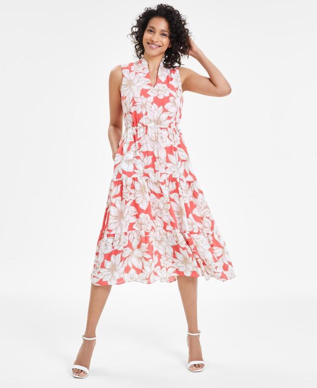 Women's Sleeveless Floral-Print Tiered Midi Dress Product Image