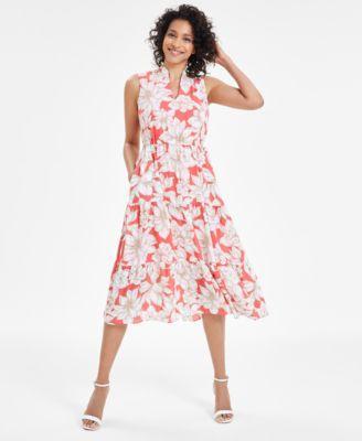 Women's Sleeveless Floral-Print Tiered Midi Dress Product Image