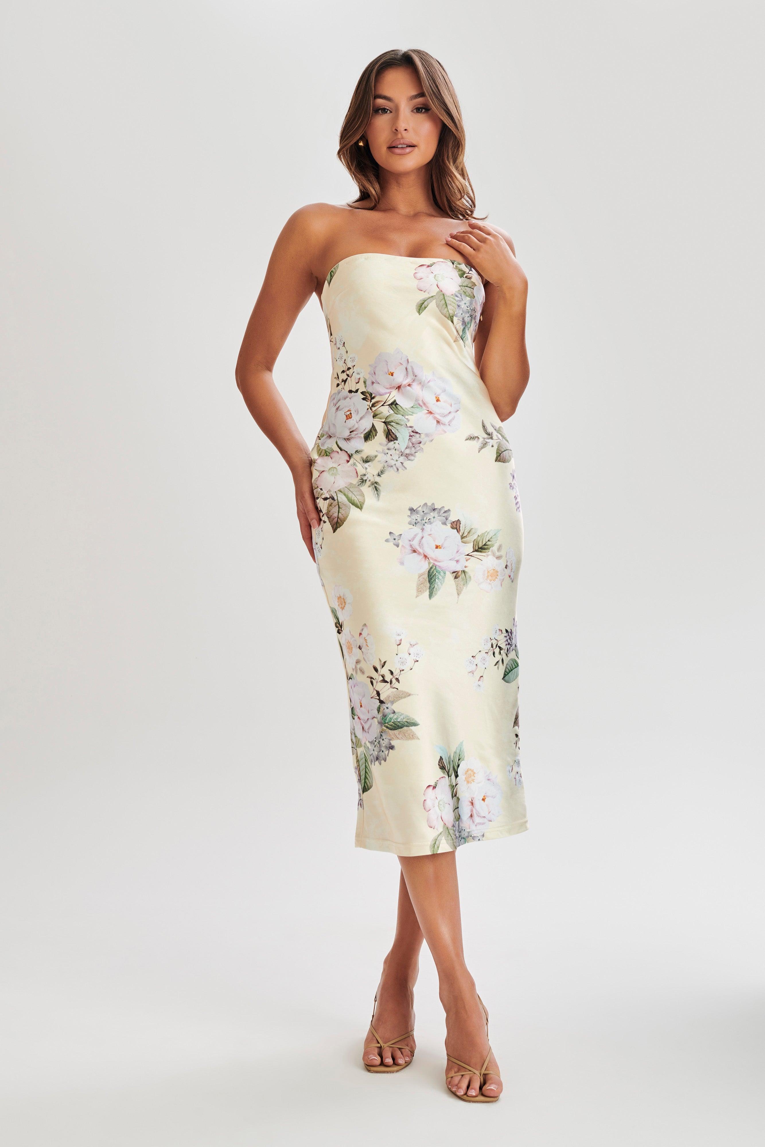 Tyler Strapless Satin Midi Dress - Lemon Floral Print Product Image