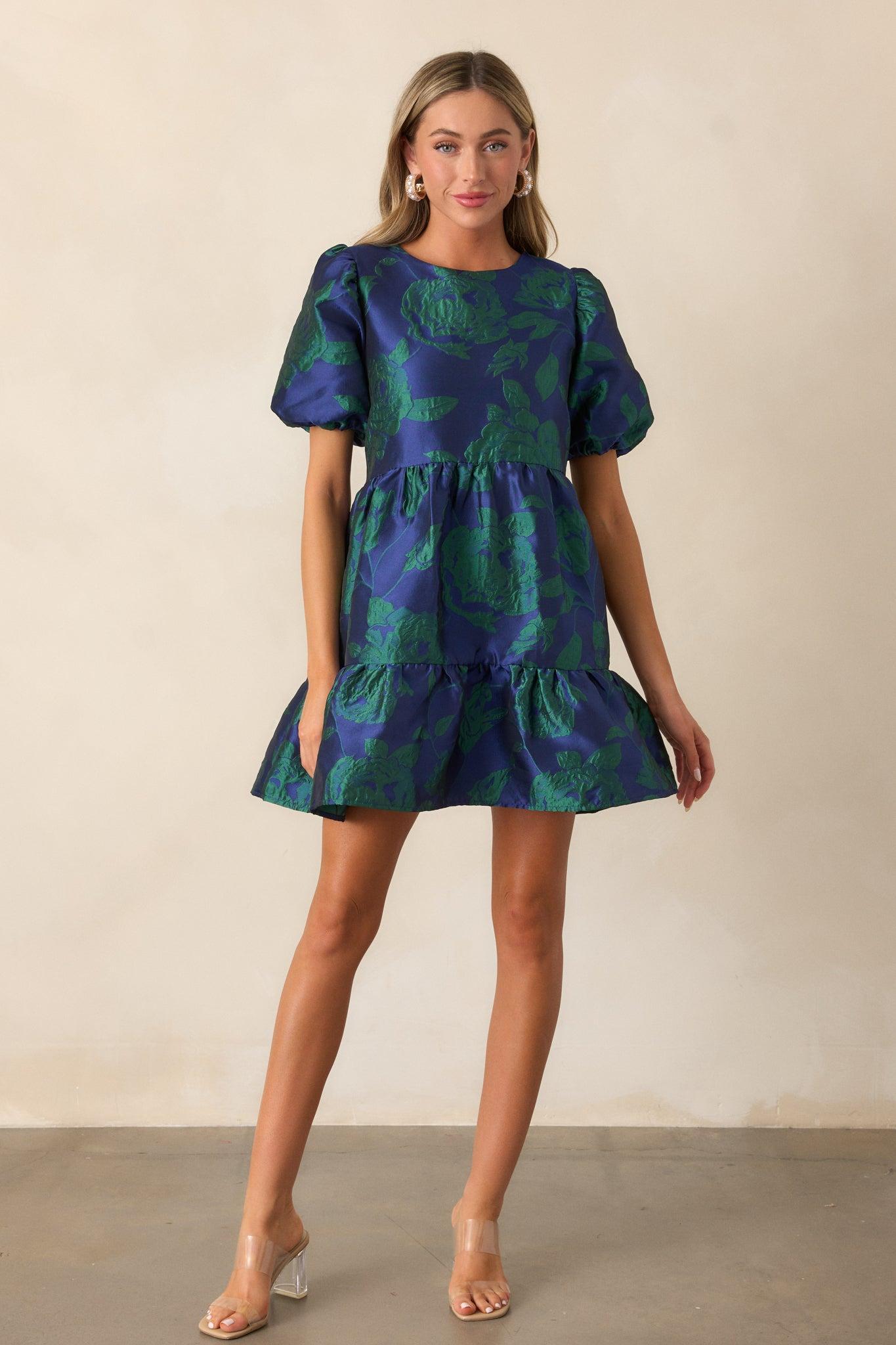 Making It Shine Midnight Blue Floral Jacquard Mini Dress Product Image