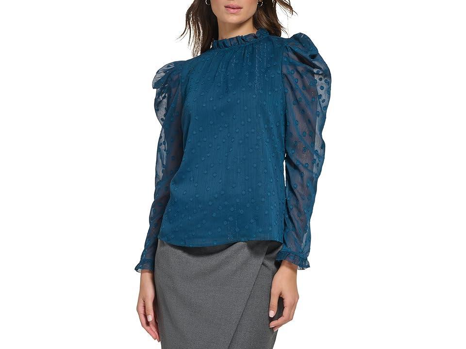 DKNY Long Sleeve Puff Sleeve Ruffle Trim High Crew Neck Blouse (Dark Topaz) Women's Clothing Product Image