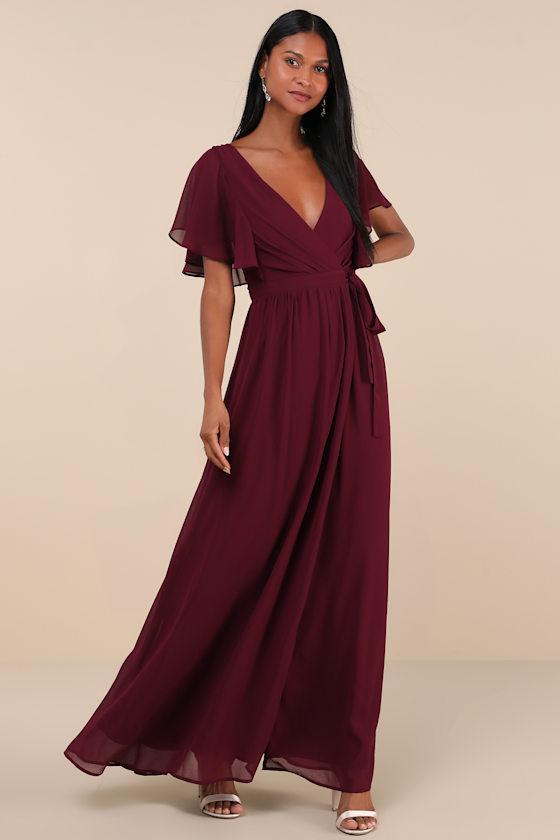 Convincing Grace Burgundy Flutter Sleeve Wrap Maxi Dress Product Image