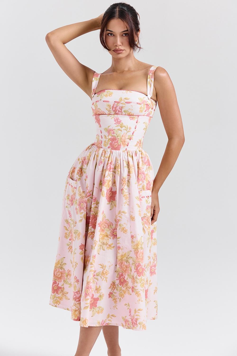 Vivien Peach Poppy Print Cotton Midi Sundress Product Image