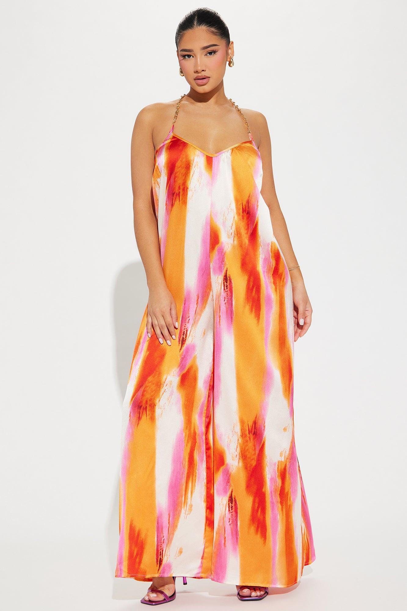 Stay In The Clear Satin Jumpsuit  - Orange/combo Product Image