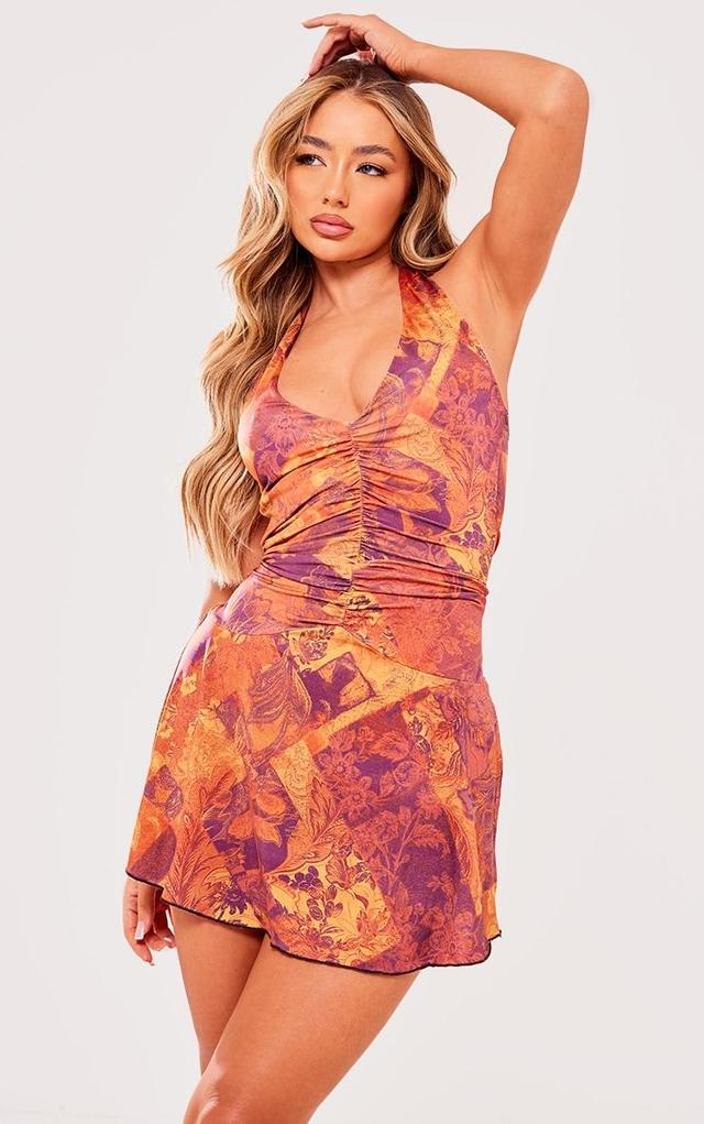 Brown Print Slinky Halter Neck Mini Dress Product Image