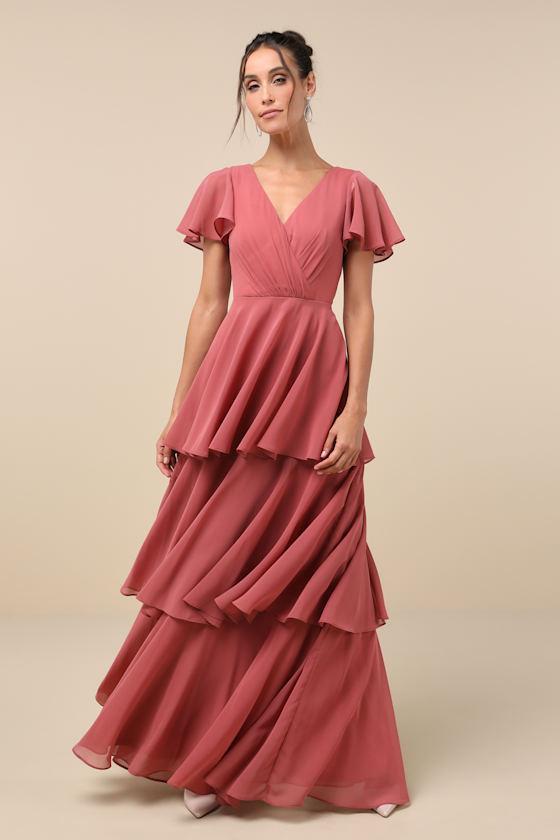 Sincerely Exquisite Rusty Rose Short Sleeve Tiered Maxi Dress product image