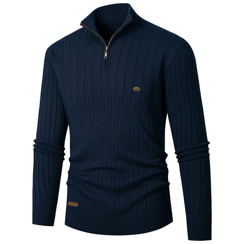 Long-Sleeve Half-Zip Neck Plain Ribbed Sweater Product Image