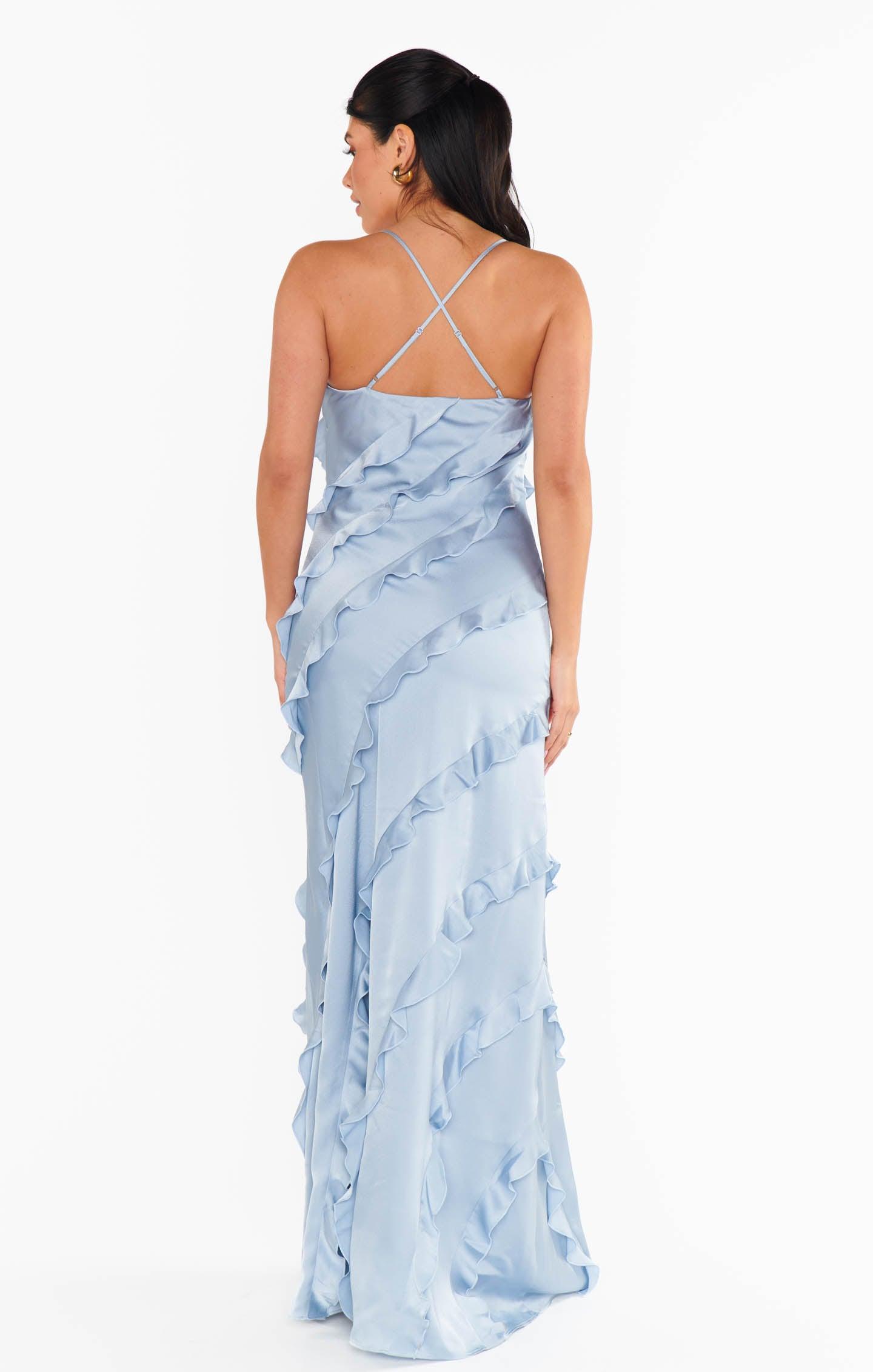 Romance Ruffle Dress ~ Steel Blue Luxe Satin Product Image