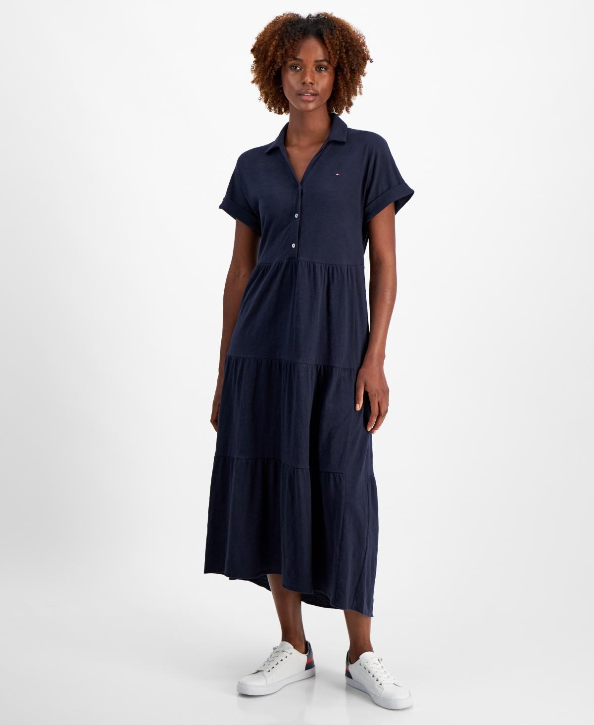 Tommy Hilfiger Womens Cotton Collared Tiered Maxi Dress Product Image