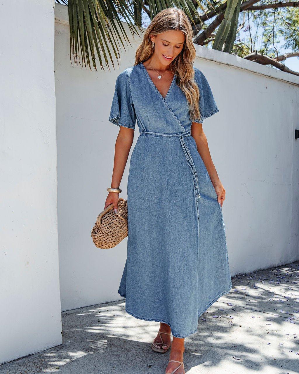 Denim Wrapped Front Maxi Dress Product Image