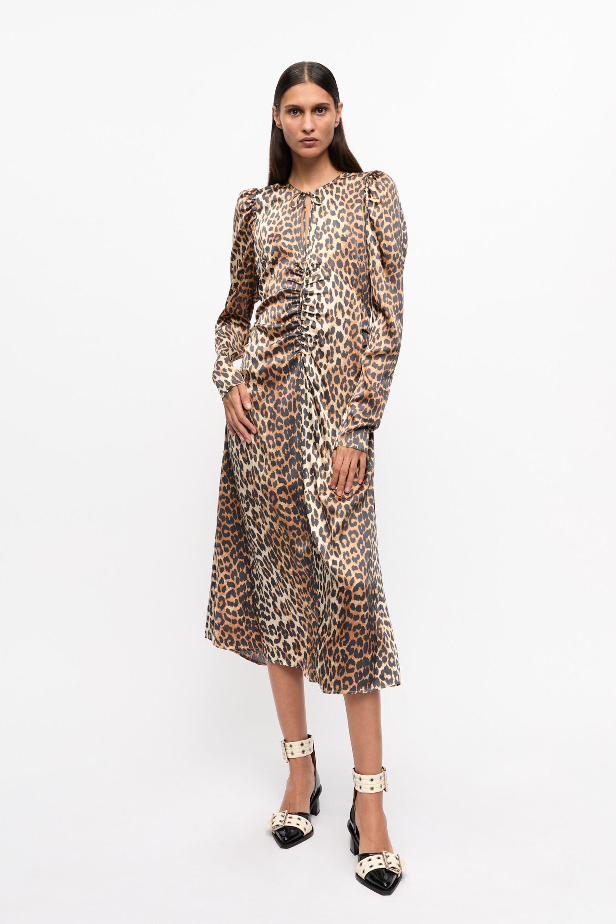 Leopard Print Satin Ruched Midi Dress Product Image