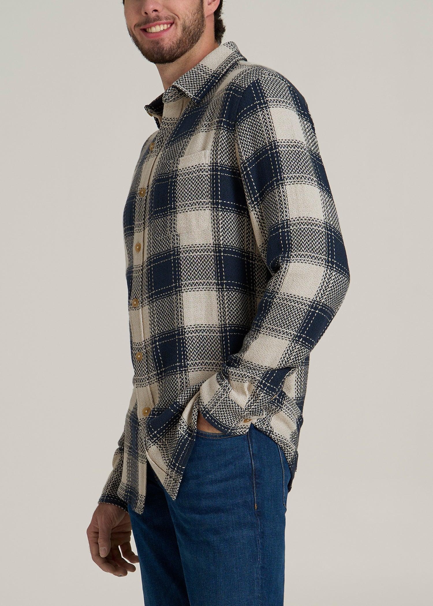 Lightweight Knit Overshirt for Tall Men in Navy and Beige Plaid Product Image