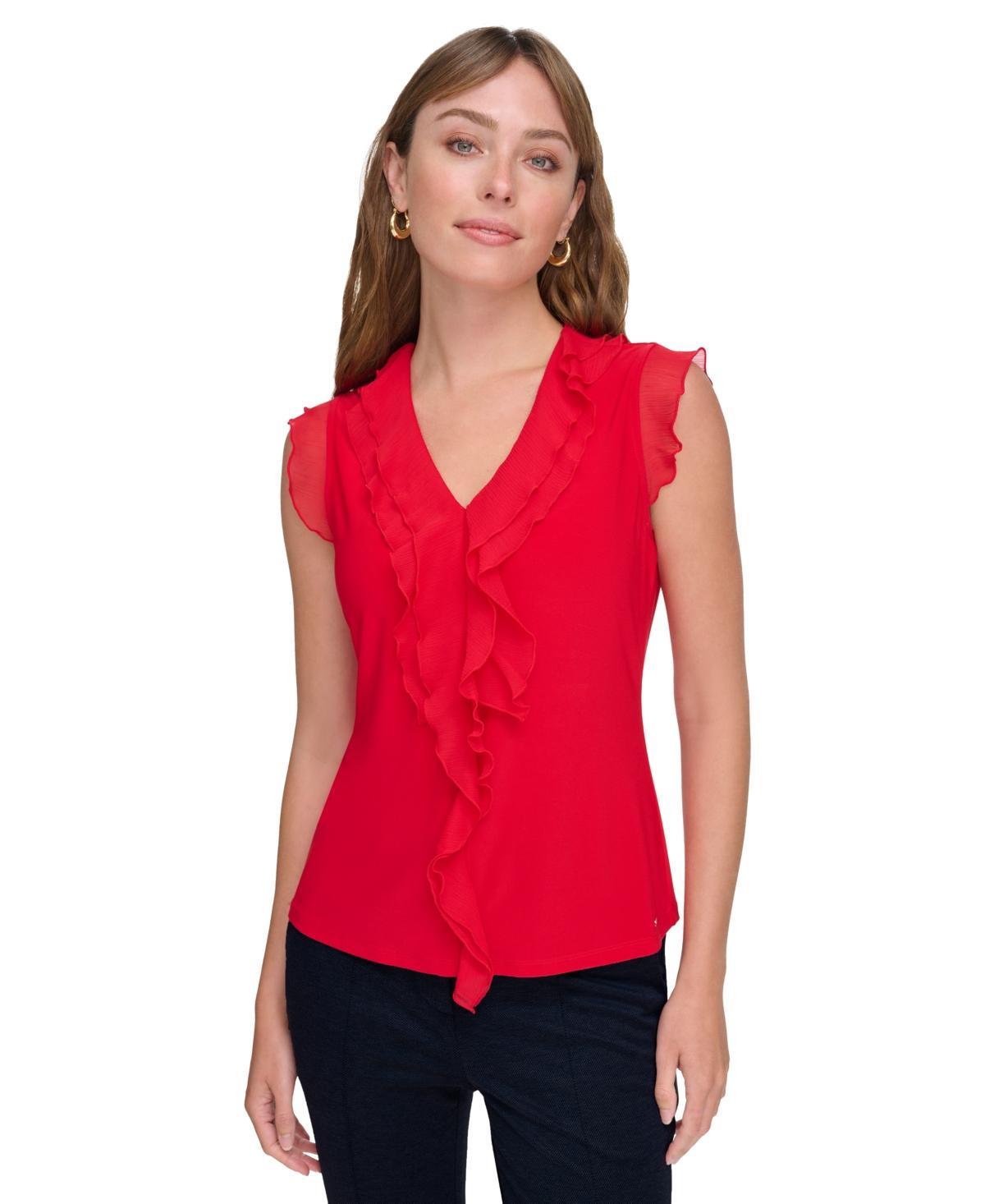 Tommy Hilfiger Womens Ruffled Mixed-Media Top Product Image