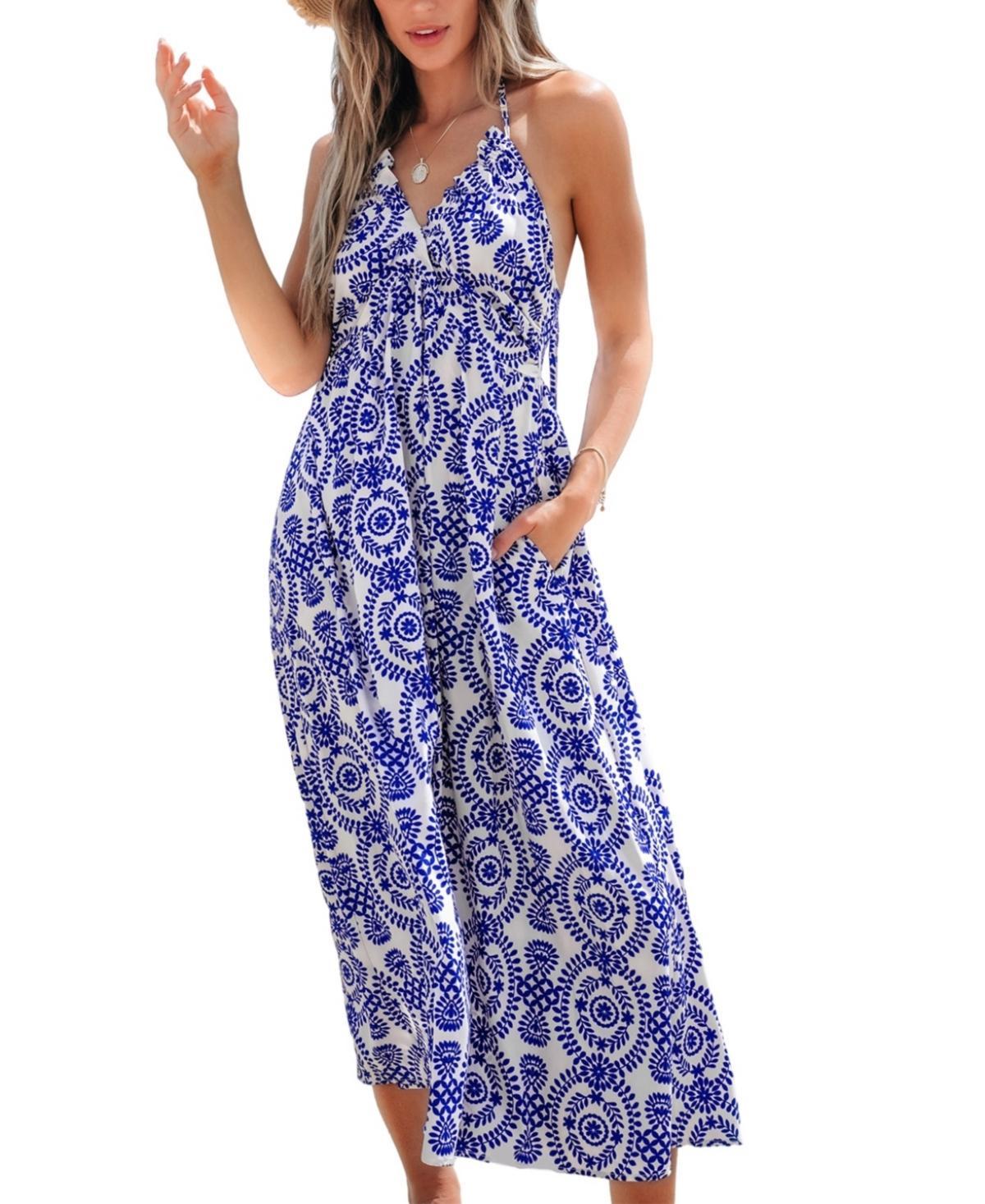 Cupshe Womens Blue Ornate Sleeveless Halterneck Midi Beach Dress - White Product Image