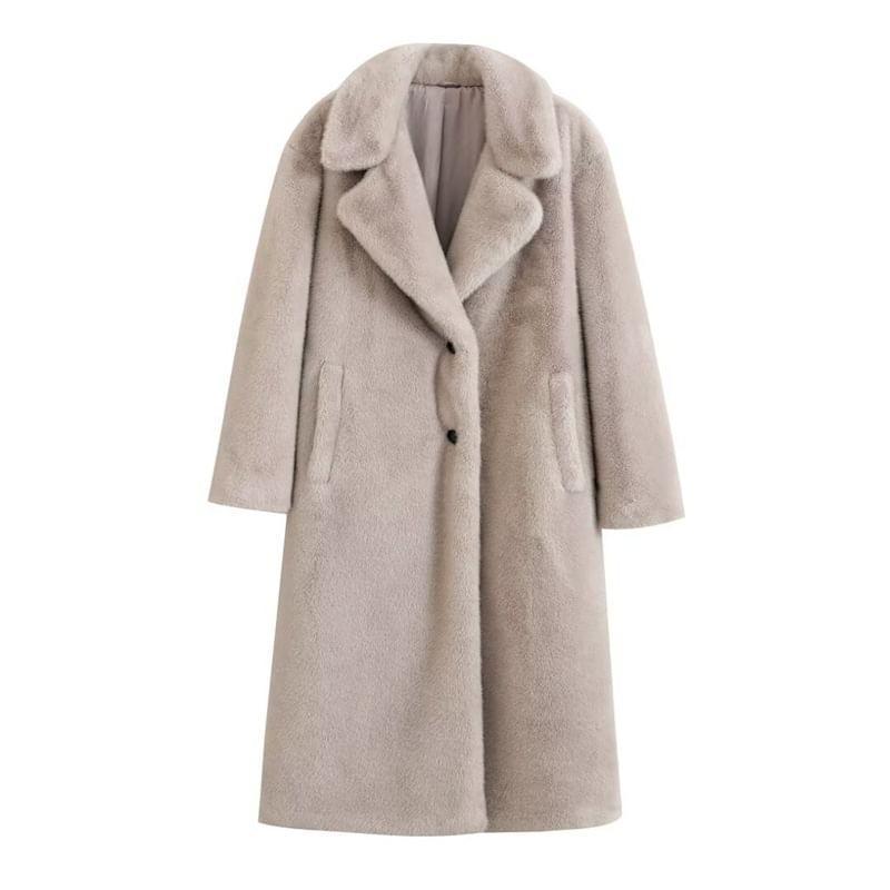 Lapel Collar Plain Fluffy Long Coat product image