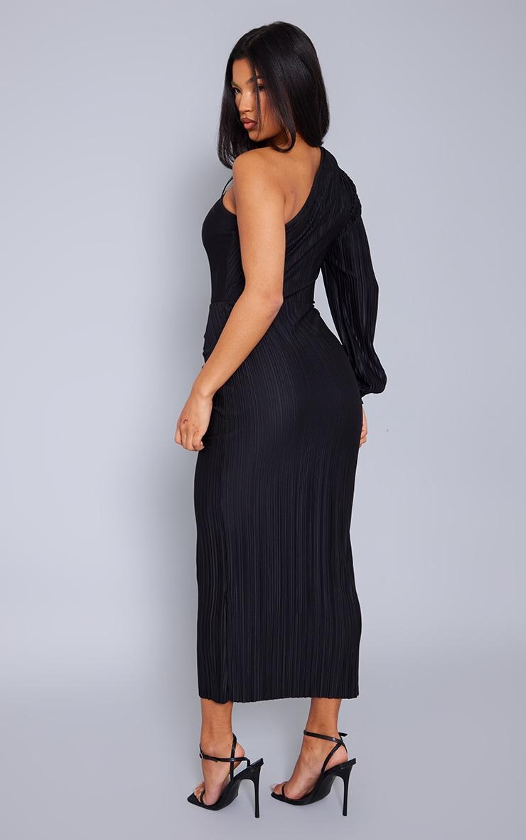 Black Plisse One Shoulder Ruched Midaxi Dress Product Image