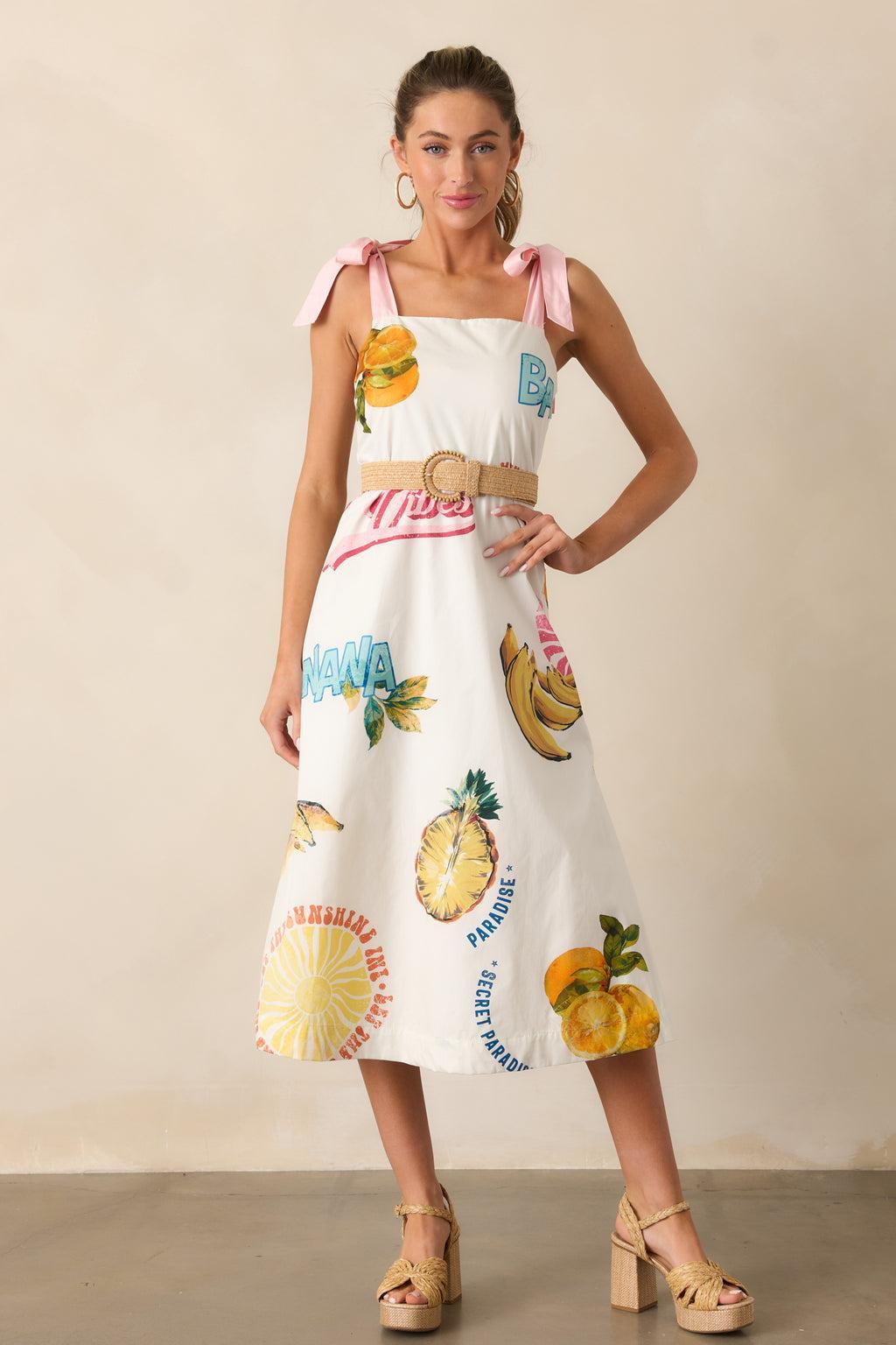 Take A Chance 100% Cotton Ivory Tropical Fruit Print Midi Dress Product Image