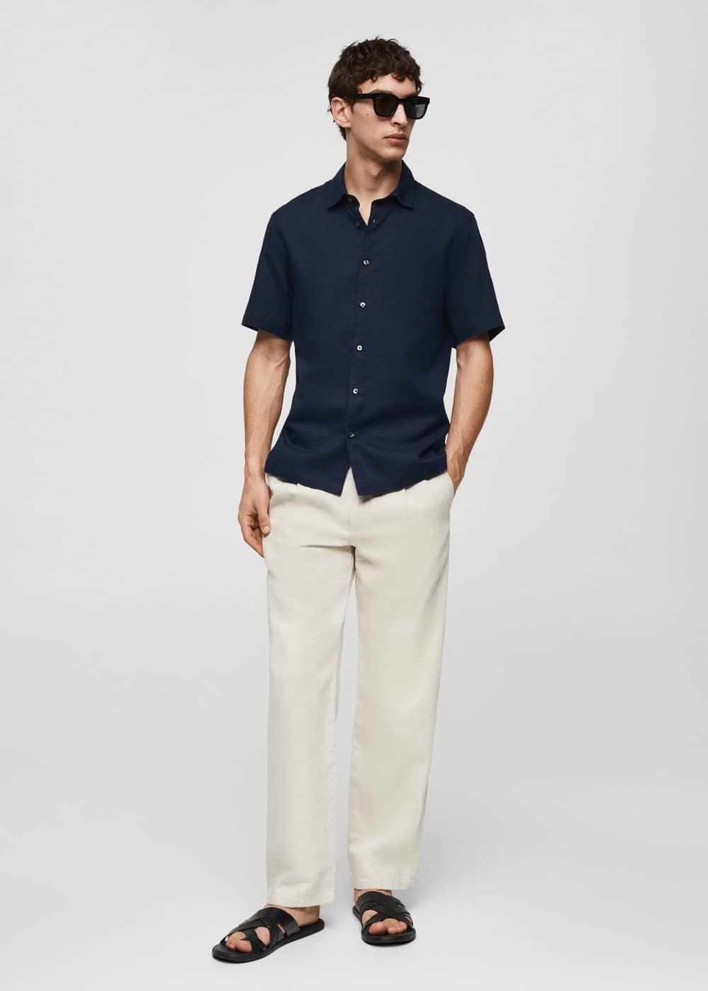 MANGO MAN - Regular-fit linen shirt with pocket dark navyMen Product Image