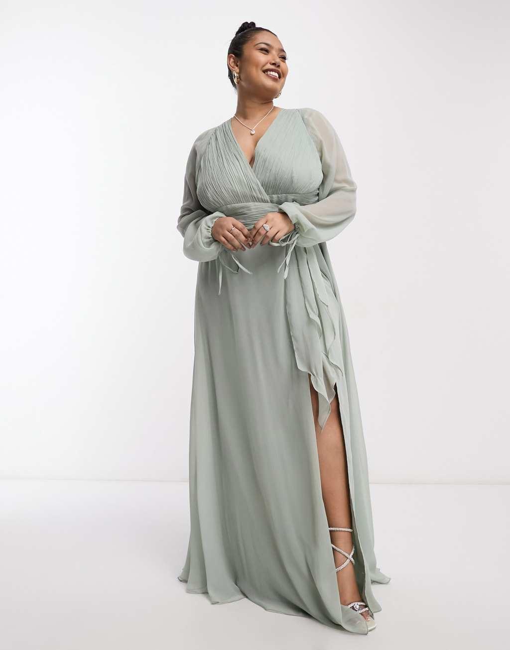 ASOS DESIGN Curve bridesmaid long sleeve ruched maxi dress with wrap skirt in sage Product Image