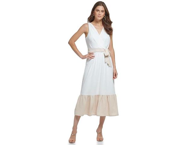 DKNY V-Neck Ruffle Hem Midi Dress (Ivory/Elegant Beige) Women's Dress Product Image