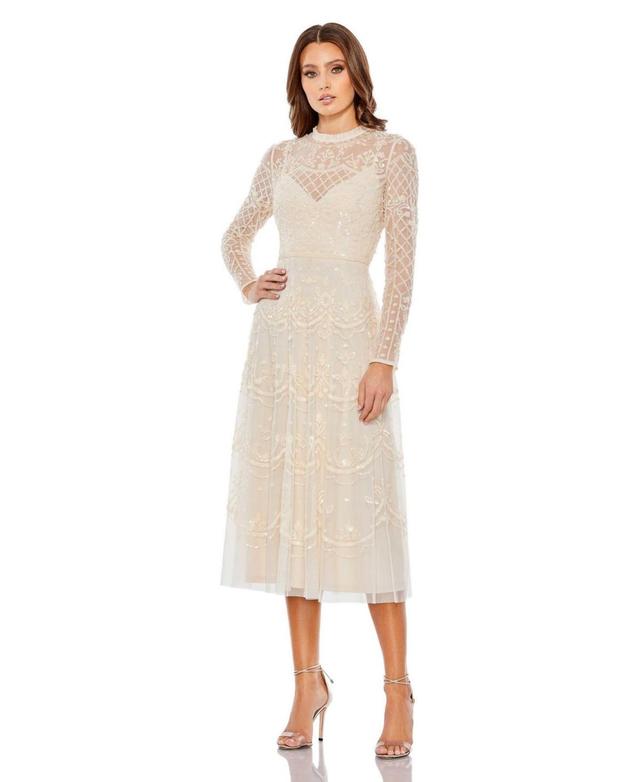 Womens Sequined Illusion High Neck Long Sleeve Midi Dress Product Image