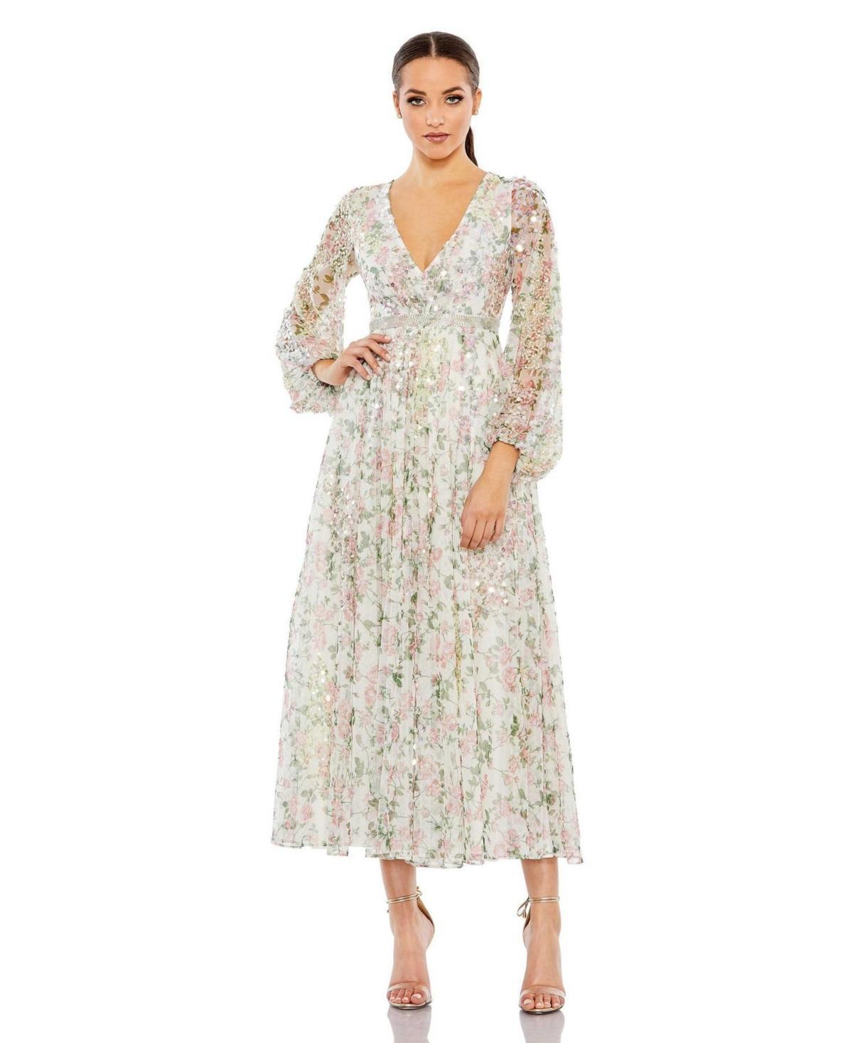 Womens Embellished Floral Print Faux Wrap A Line Dress Product Image