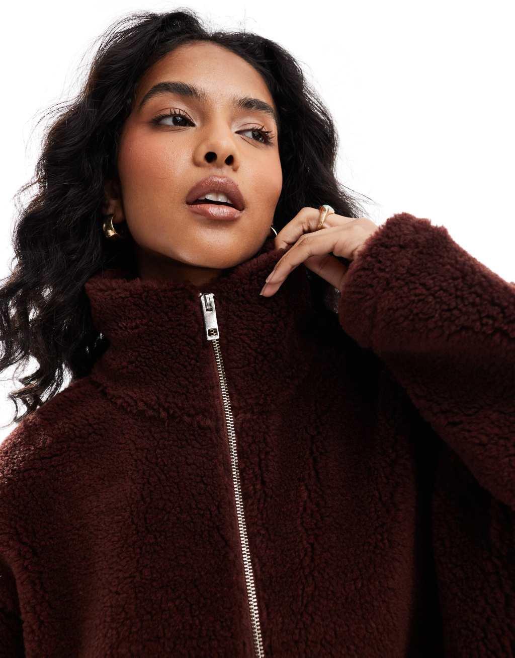 ASOS DESIGN borg zip through fleece in chocolate Product Image