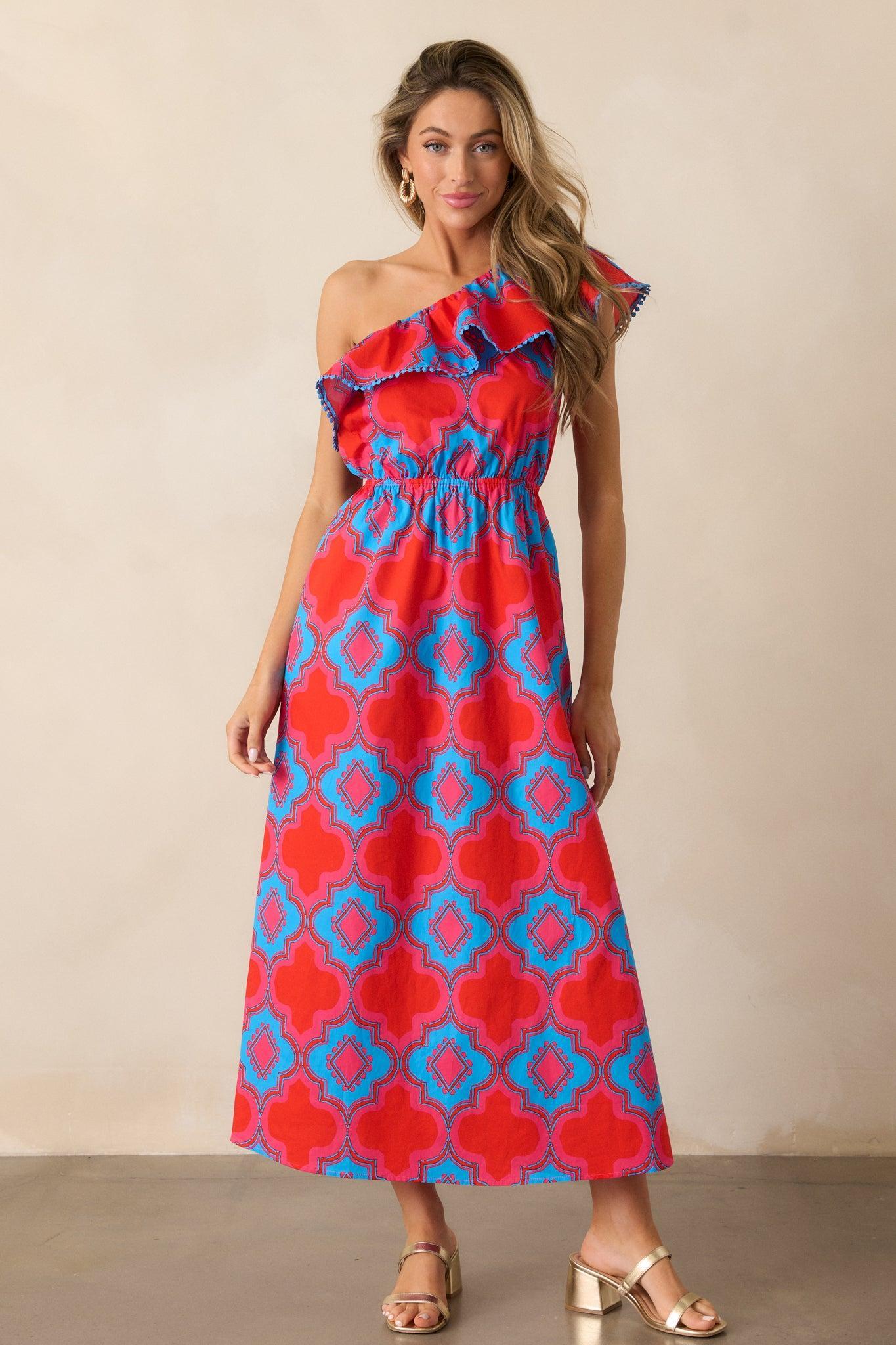 Packing My Bags Cotton Red Multi Print One Shoulder Midi Dress Product Image