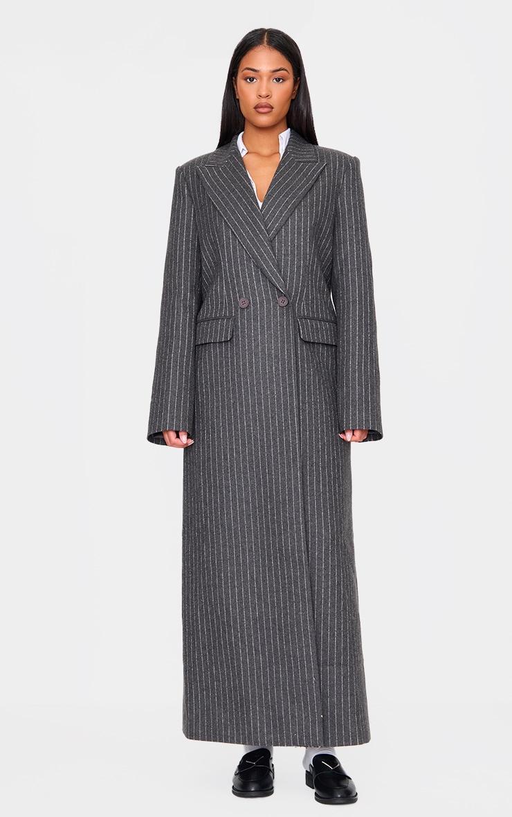 Tall Charcoal Pinstripe Wool Look Maxi Coat Product Image