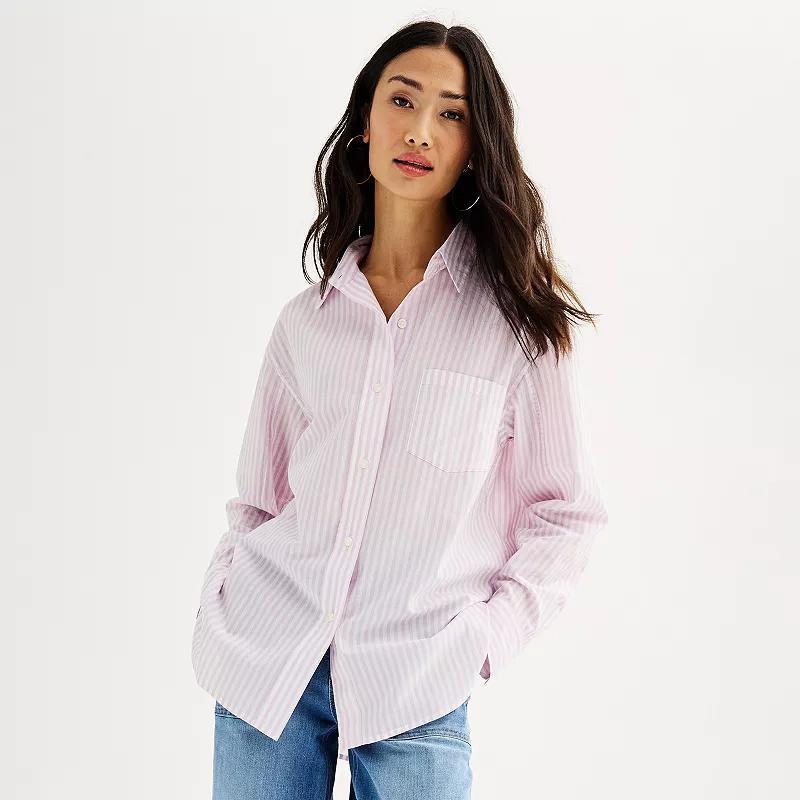 Petite Sonoma Goods For Life Oversized Boyfriend Shirt, Womens Pale Purple Stripe Product Image