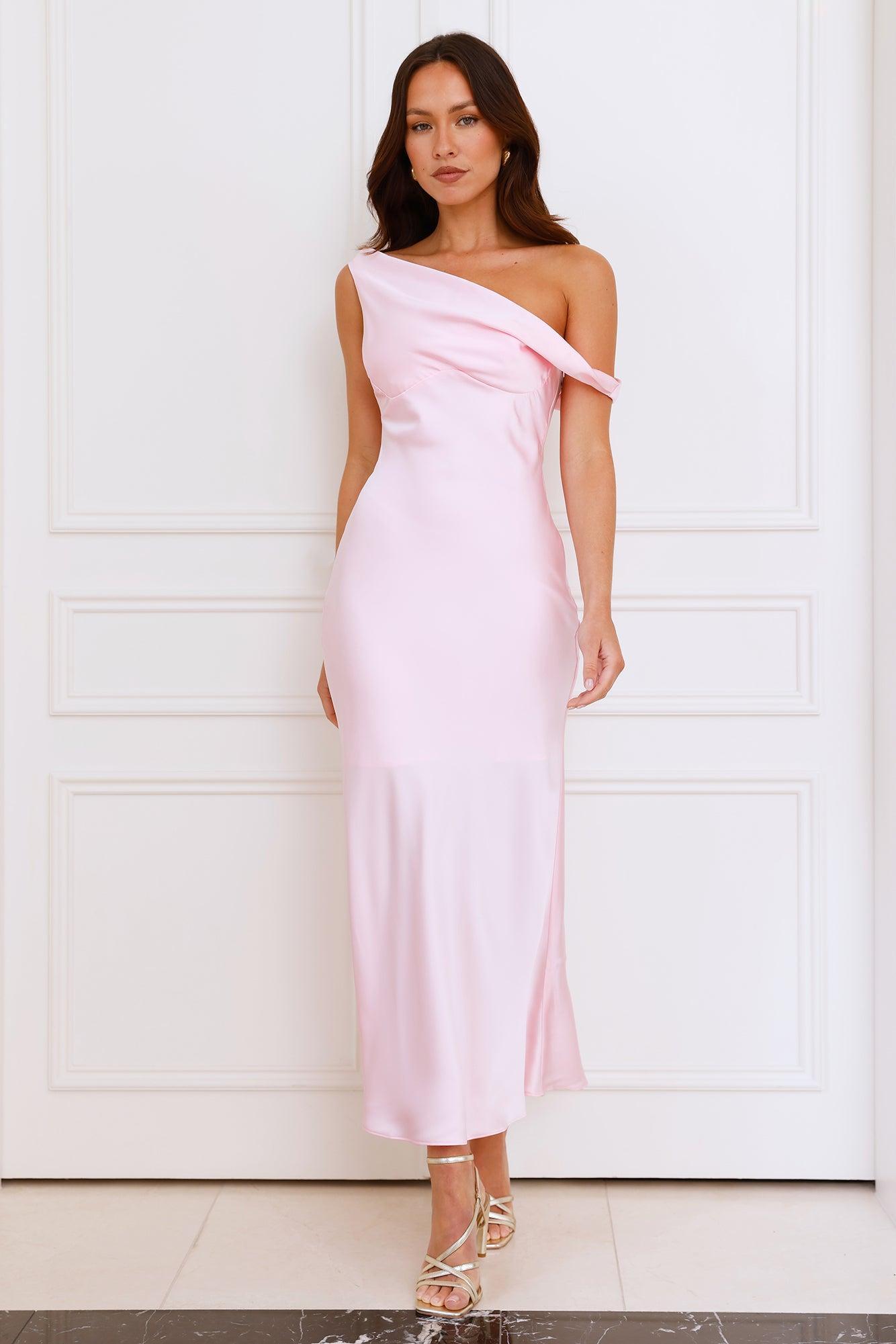 Stylish Season Off Shoulder Satin Midi Dress Pink Product Image