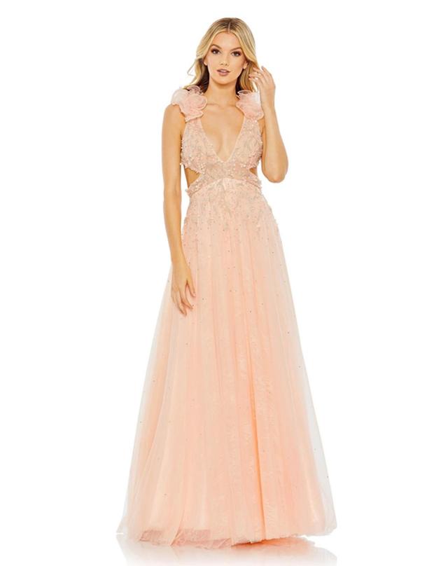 Embellished Ruffle Shoulder Cut Out A Line Gown In Pink Product Image