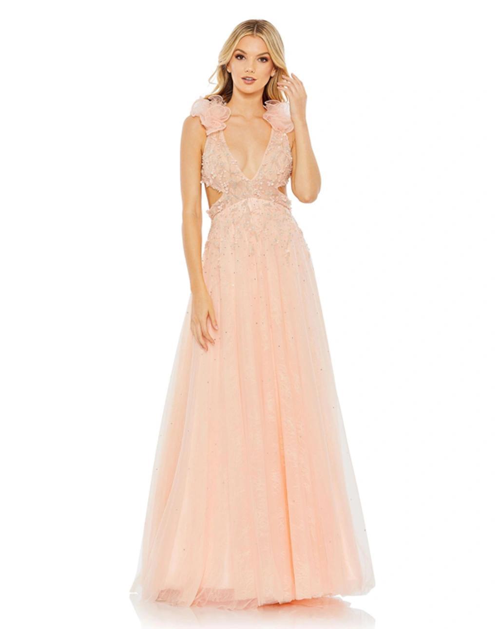 Embellished Ruffle Shoulder Cut Out A Line Gown In Pink Product Image