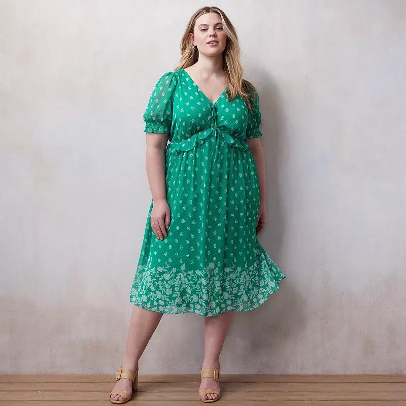 Plus Size LC Lauren Conrad Floral Print Chiffon Tie Front V-Neck Midi Dress, Womens Turquoise Briar Swirl Product Image