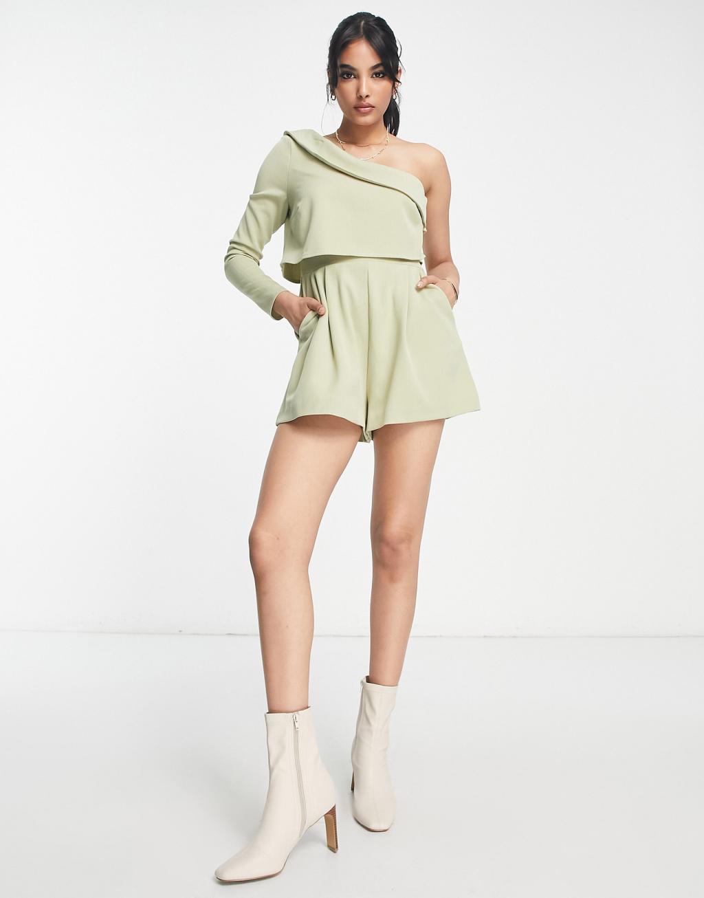 ASOS DESIGN one shoulder tailored romper in sage Product Image