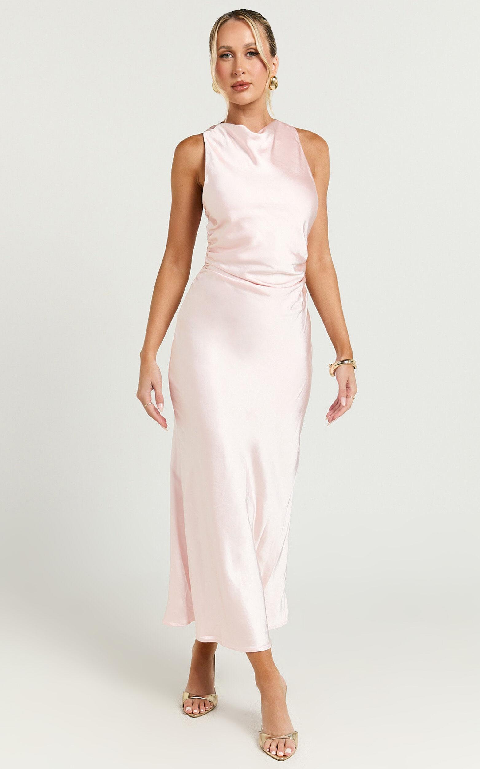 Aluna Midi Dress - High Neck Cross Back Satin Slip Dress in Soft Pink Product Image