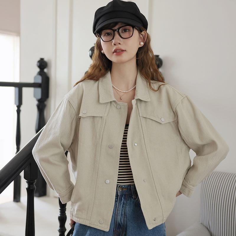 Collar Plain Denim Button Jacket Product Image