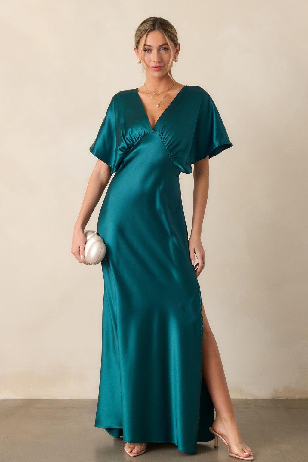 Serenity Calling Teal Satin Maxi Dress Product Image