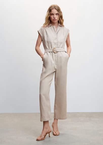 MANGO - Belt linen jumpsuit light/pastel grey - 2XL - Women Product Image